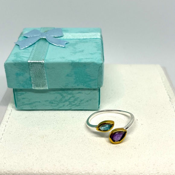 STERLING SILVER & 18K GOLD PLATED RING WITH SWISS-BLUE TOPAZ & AMETHYST - Picture 5 of 7